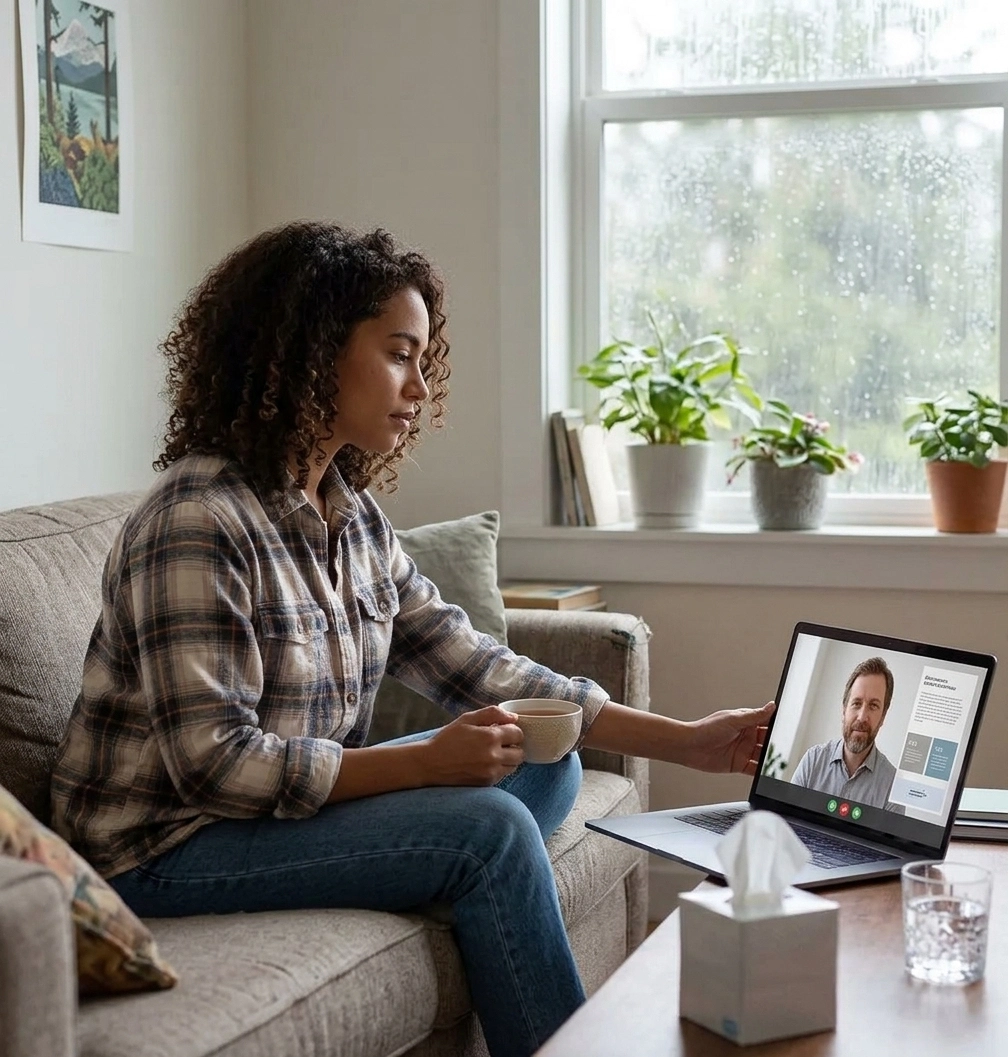Patient having an online mental health consultation and psychiatric follow-up via video call for Oregon Mindful Wellness