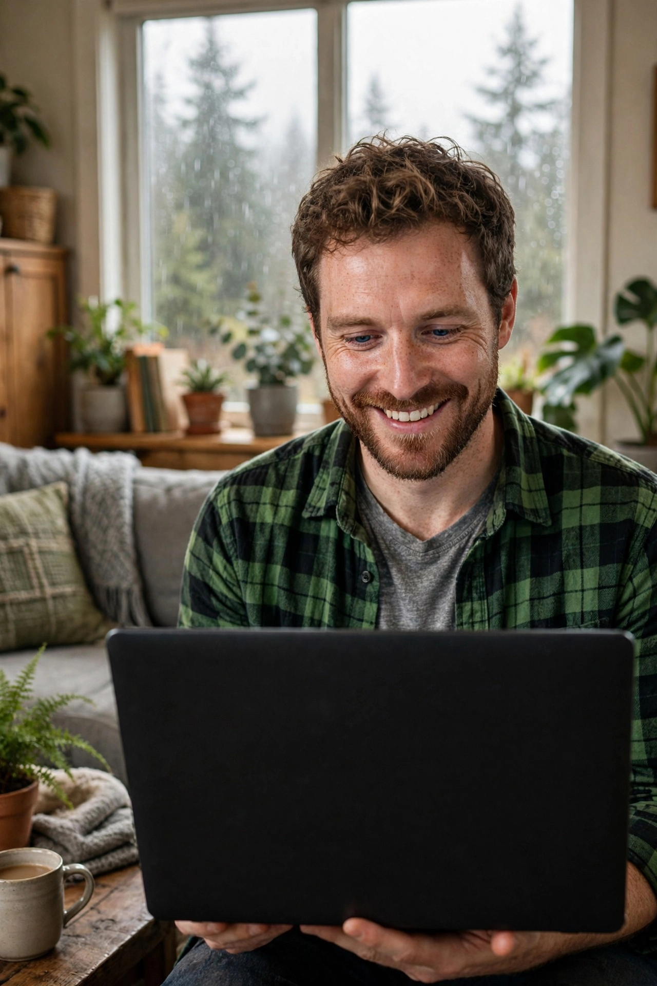 Smiling man happily attending a telehealth session on his laptop in a cozy living room for Oregon Mindful Wellness
